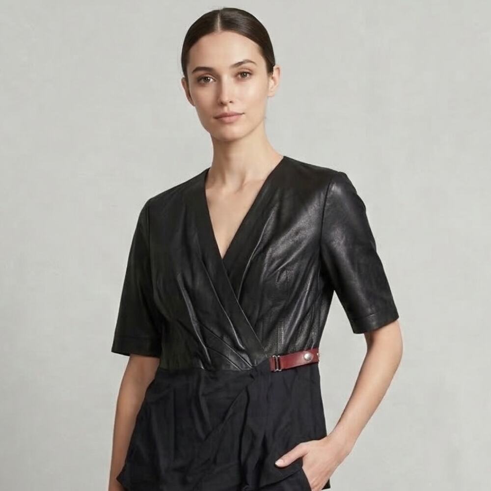 Lafayette 148 New York Jacket Womens 12 Black Leather Linen Short Sleeve Moto